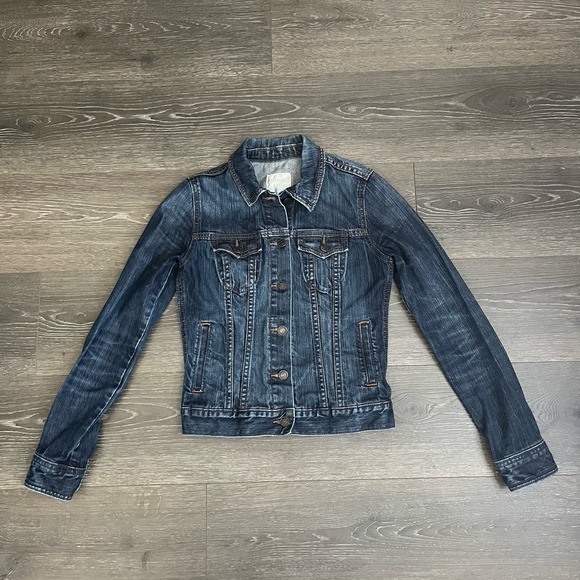 Old Navy jean jacket womens XS Trucker medium dark stretch denim Old School - Picture 2 of 12